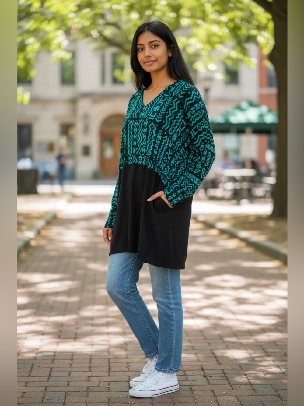 DAIRI One Size V Neck Gorgeous Monk Tunic Shirt Top Cotton Rayon Morocco Blue.